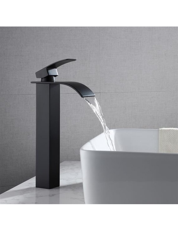 Single Hole Single Handle Hot And Cold Single Control Bathroom Basin Waterfall Faucet-Black Curved Mouth (High)