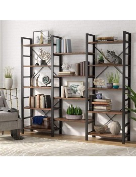 Triple Wide 5-Shelf Bookcase, Etagere Large Open Bookshelf Vintage Industrial Style Shelves Wood and Metal bookcases Furniture for Home & Office (Retro Brown)