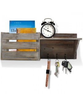 Wood Rustic Wall Mounted Key & Mail Holder/Organizer with 3 Key Hooks, 1 Compartment, and Shelf - for Entryway or Mud Room